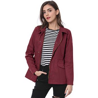 Women's Turndown Collar Long Sleeve Drawstring Flap Pocket Zipper Utility Jacket