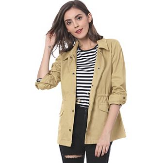Women's Turndown Collar Long Sleeve Drawstring Flap Pocket Zipper Utility Jacket