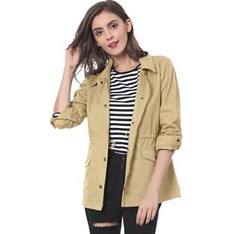 Women's Turndown Collar Long Sleeve Drawstring Flap Pocket Zipper Utility Jacket