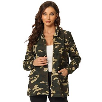 Women's Turndown Collar Long Sleeve Drawstring Flap Pocket Zipper Utility Jacket