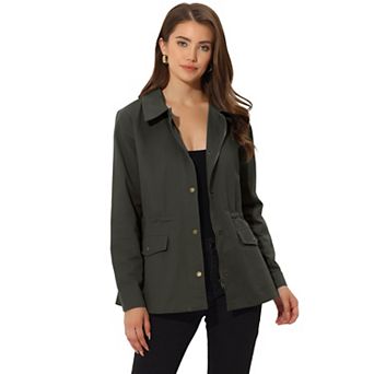Women's Turndown Collar Long Sleeve Drawstring Flap Pocket Zipper Utility Jacket