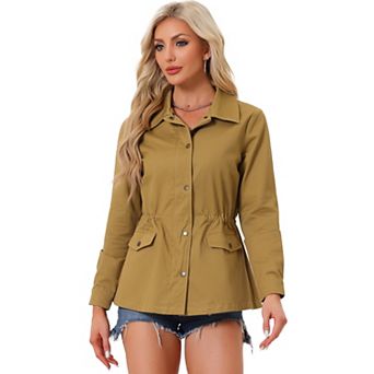 Women's Turndown Collar Long Sleeve Drawstring Flap Pocket Zipper Utility Jacket
