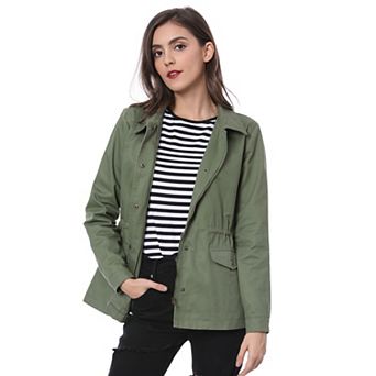 Women's Turndown Collar Long Sleeve Drawstring Flap Pocket Zipper Utility Jacket