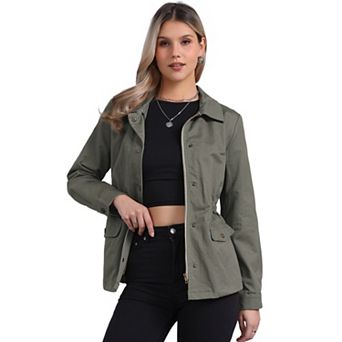 Women's Turndown Collar Long Sleeve Drawstring Flap Pocket Zipper Utility Jacket