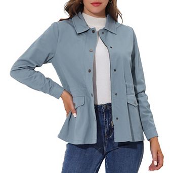 Women's Turndown Collar Long Sleeve Drawstring Flap Pocket Zipper Utility Jacket