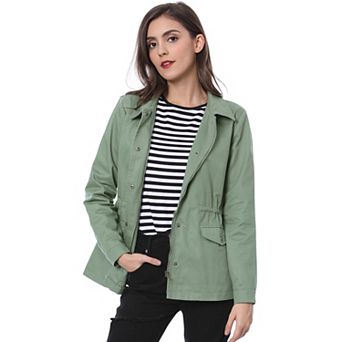 Women's Turndown Collar Long Sleeve Drawstring Flap Pocket Zipper Utility Jacket