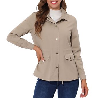 Women's Turndown Collar Long Sleeve Drawstring Flap Pocket Zipper Utility Jacket