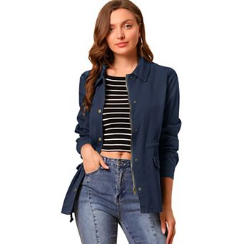 Women's Turndown Collar Long Sleeve Drawstring Flap Pocket Zipper Utility Jacket