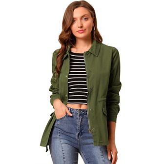 Women's Turndown Collar Long Sleeve Drawstring Flap Pocket Zipper Utility Jacket
