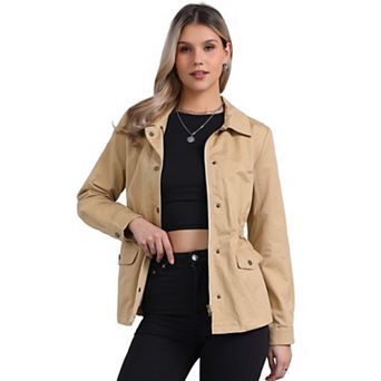 Women's Turndown Collar Long Sleeve Drawstring Flap Pocket Zipper Utility Jacket