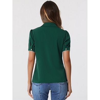 Button Down Shirt For Women's Collared Contrast Trim Short Sleeve Blouse