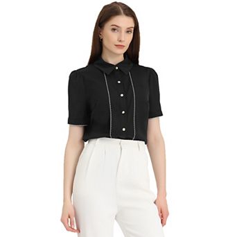 Button Down Shirt For Women's Collared Contrast Trim Short Sleeve Blouse