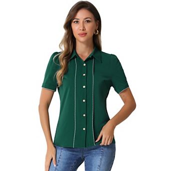 Button Down Shirt For Women's Collared Contrast Trim Short Sleeve Blouse
