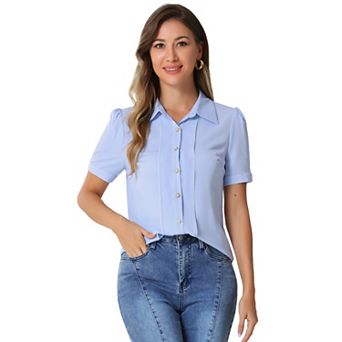 Button Down Shirt For Women's Collared Contrast Trim Short Sleeve Blouse
