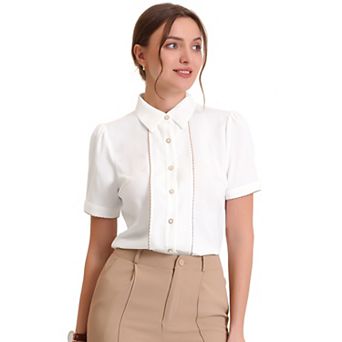 Button Down Shirt For Women's Collared Contrast Trim Short Sleeve Blouse