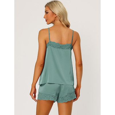 Sheer Cami Pajamas Women's Satin Lingerie Lace Trim Cami Tops