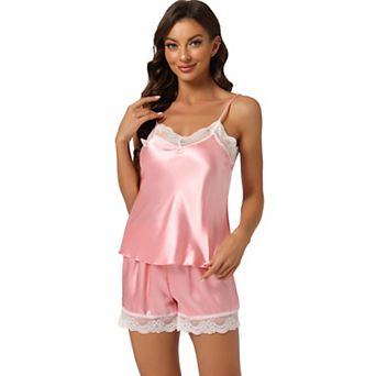 Women's Satin Lingerie Lace Trim Cami Tops Shorts Sleepwear Pajamas Sets