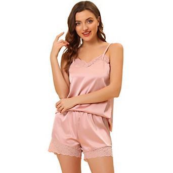 Women's Satin Lingerie Lace Trim Cami Tops Shorts Sleepwear Pajamas Sets