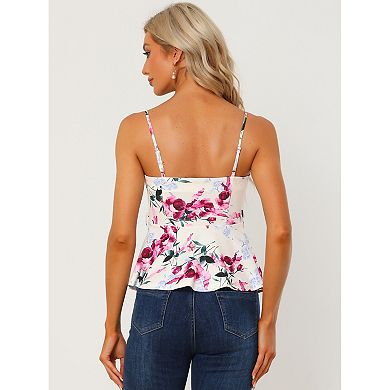 Women's Floral Cami Sleeveless Tank Top V Neck Tie Waist Peplum Blouse