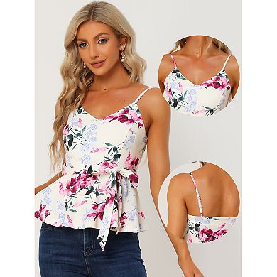 Women's Floral Cami Sleeveless Tank Top V Neck Tie Waist Peplum Blouse