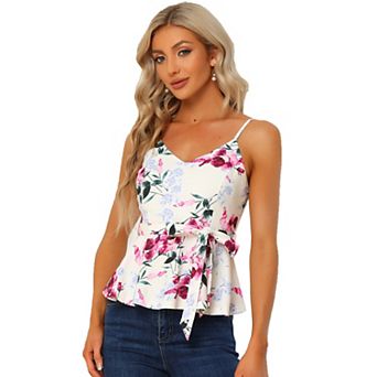 Women's Floral Cami Sleeveless Tank Top V Neck Tie Waist Peplum Blouse