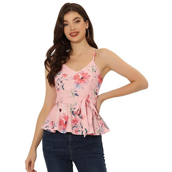 Women's Floral Cami Sleeveless Tank Top V Neck Tie Waist Peplum Blouse