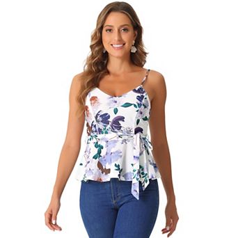 Women's Floral Cami Sleeveless Tank Top V Neck Tie Waist Peplum Blouse