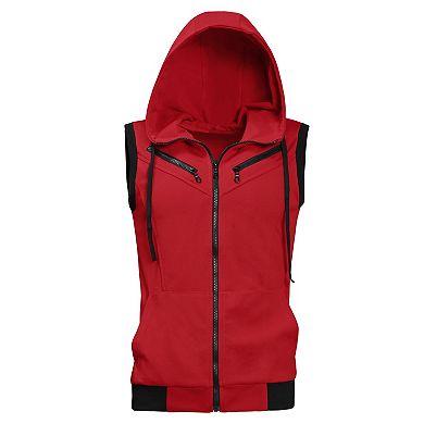 Men's Kangaroo Pocket Zip up Drawstring Hoodie Vest