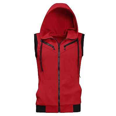 Men's Kangaroo Pocket Zip up Drawstring Hoodie Vest