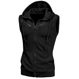 Men's Kangaroo Pocket Zip up Drawstring Hoodie Vest