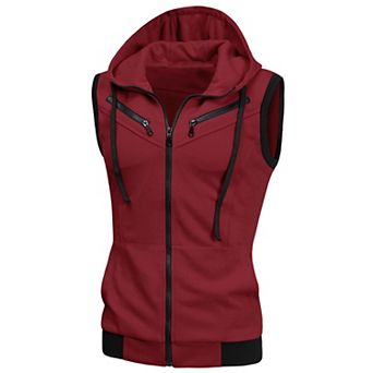 Men's Kangaroo Pocket Zip up Drawstring Hoodie Vest