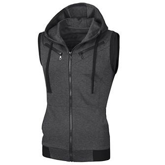 Men's Kangaroo Pocket Zip Up Drawstring Hoodie Vest