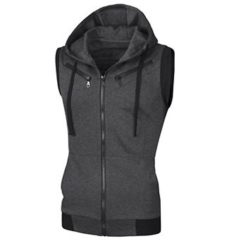 Men's Kangaroo Pocket Zip up Drawstring Hoodie Vest