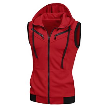 Men's Kangaroo Pocket Zip up Drawstring Hoodie Vest