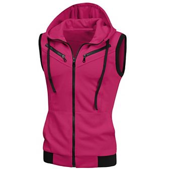 Men's Kangaroo Pocket Zip up Drawstring Hoodie Vest