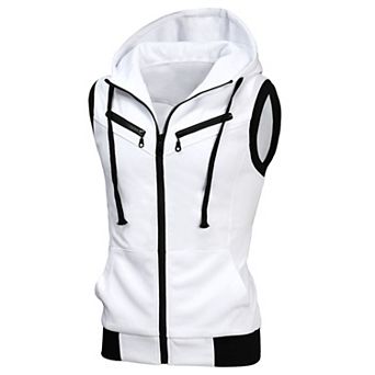 Men's Kangaroo Pocket Zip up Drawstring Hoodie Vest