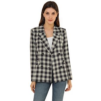 Women's Notched Lapel Double Breasted Plaid Blazer