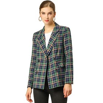 Women's Notched Lapel Double Breasted Plaid Blazer
