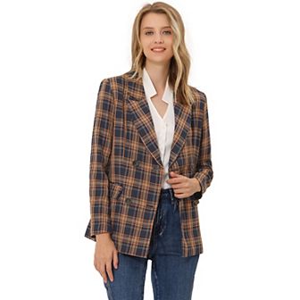 Women's Notched Lapel Double Breasted Plaid Blazer