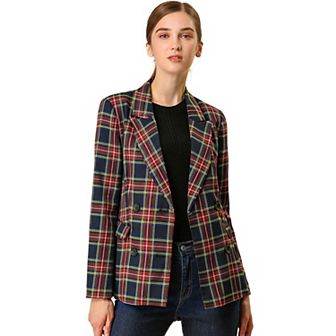 Women's Notched Lapel Double Breasted Plaid Blazer