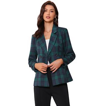 Women's Notched Lapel Double Breasted Plaid Blazer