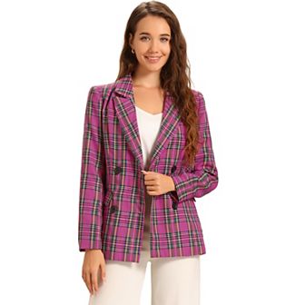 Women's Notched Lapel Double Breasted Plaid Blazer