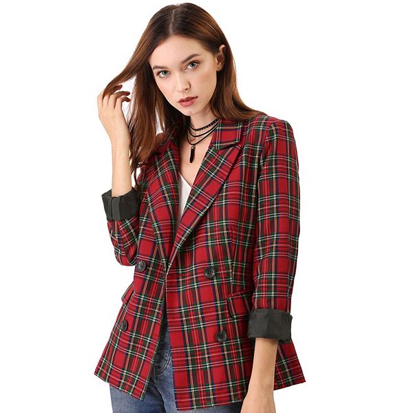 Womens Notched Lapel Double Breasted Plaid Blazer 