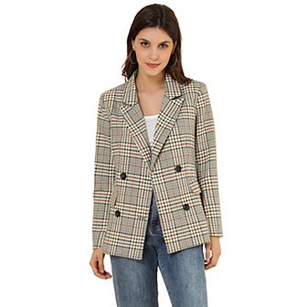 Women's Notched Lapel Double Breasted Plaid Blazer
