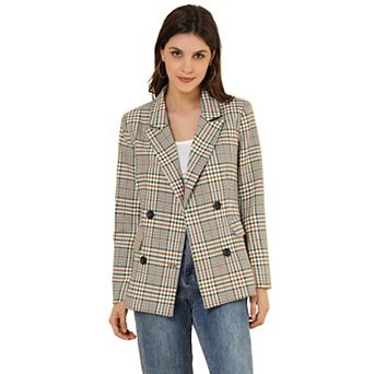 Women's Notched Lapel Double Breasted Plaid Blazer