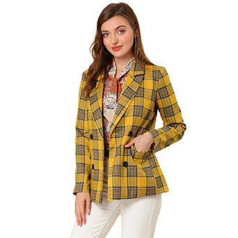 Women's Notched Lapel Double Breasted Plaid Blazer