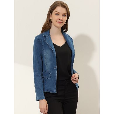 Women's Notched Lapel Button Up Long Sleeve Washed Denim Jacket
