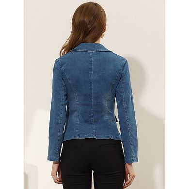 Women's Notched Lapel Button Up Long Sleeve Washed Denim Jacket