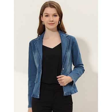 Women's Notched Lapel Button Up Long Sleeve Washed Denim Jacket