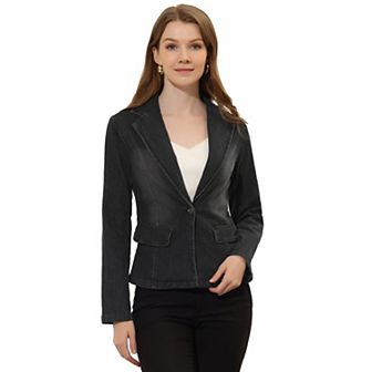 Women's Notched Lapel Button Up Long Sleeve Washed Denim Jacket